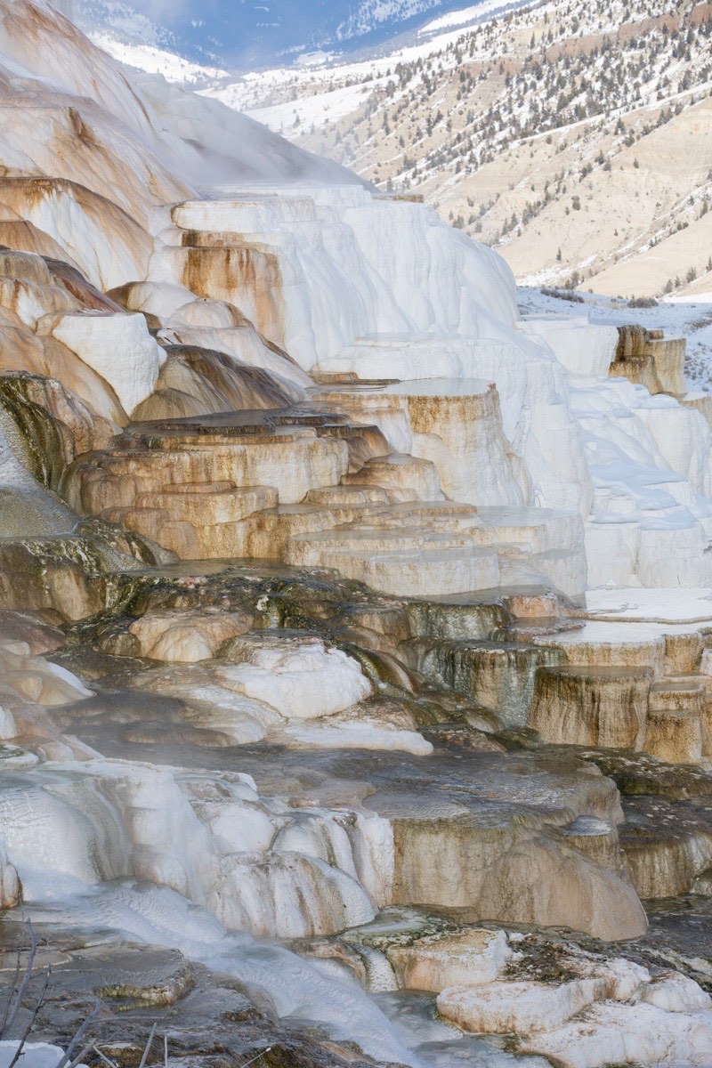 Mammoth Hot Springs Terraces: Decide Whether Yellowstone's Northern Outing Fits 1 Hot water flowing over the travertine terraces at Canary Spring in Mammoth Hot Springs